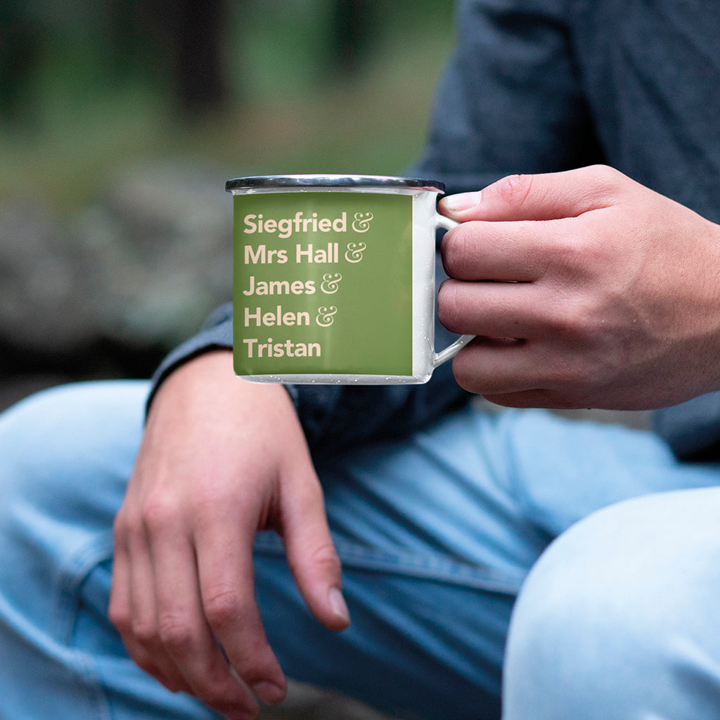 All Creatures Great and Small Character Names on Green Enamel Mug